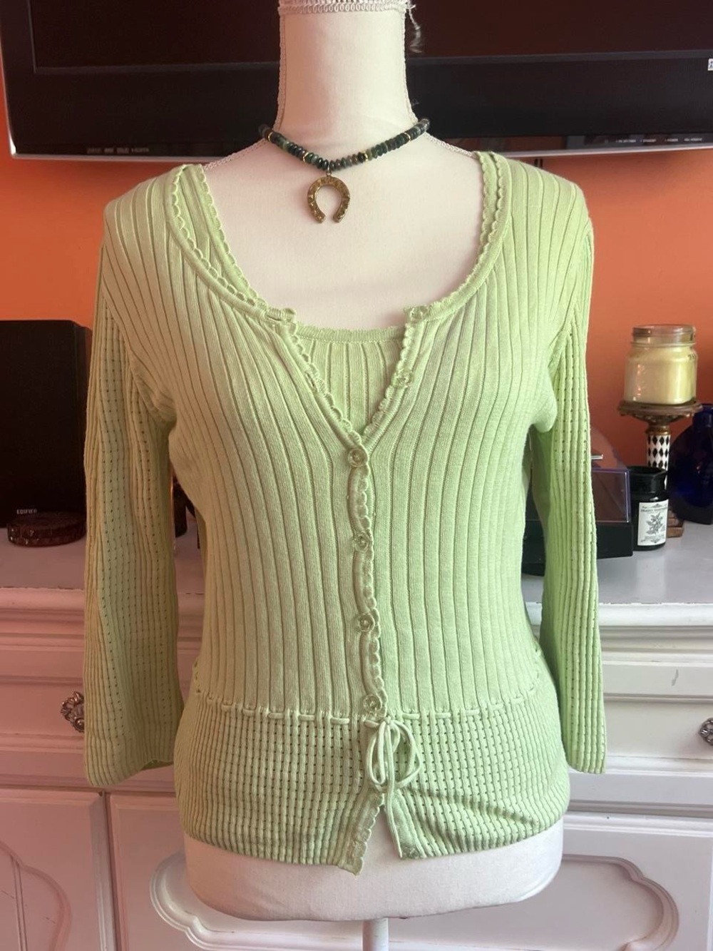 JEANNE PIERRE Light Mint Ribbed Button-Front Knit Top